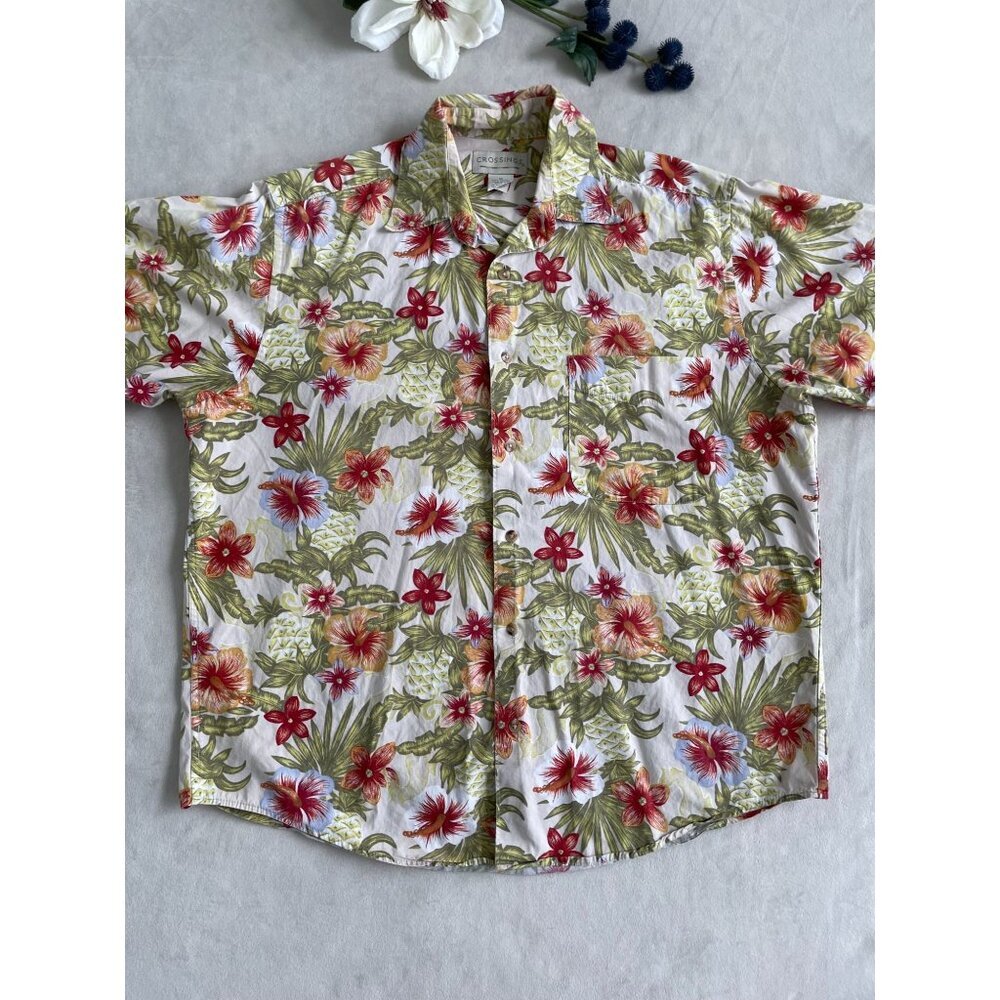 Crossings Mens Hawaiian Shirt M 100% Cotton Floral Print Pocket Y2k